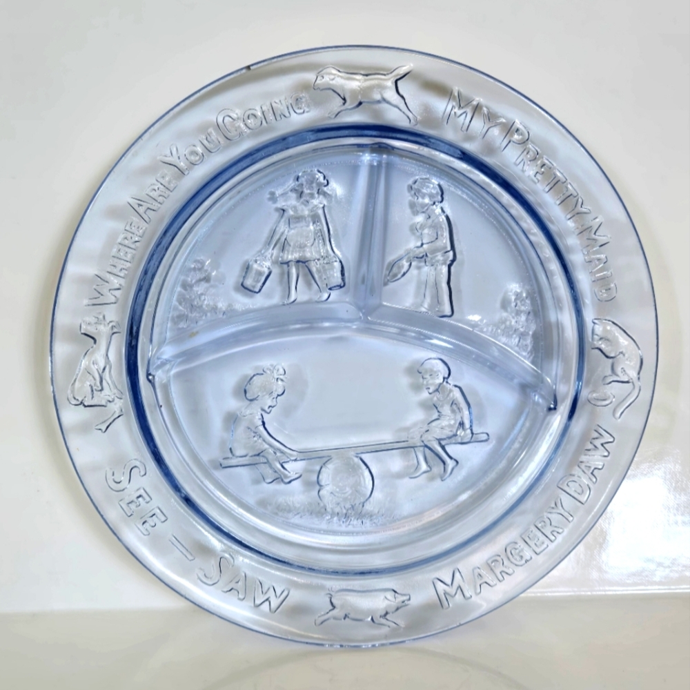 Vintage Childrens Blue Divided Glass Plate - Nursery Rhyme See Saw Margery Daw